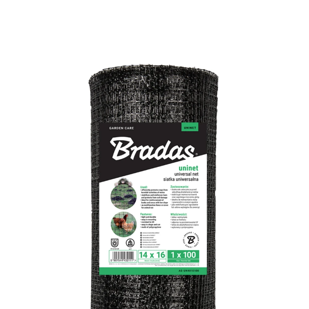 Bradas universalus tinklas UNINET, 14x16 mm, 1.5x100 m (30g/m²), juodas