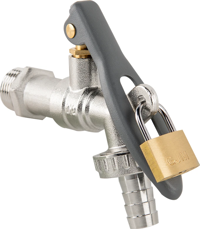 Čiaupas 1/2 x 3/4 išor.sr su vožtuvu ir jungtimi 13 mm žarnai Bradas LEVER LOCK, Brass/Nickel