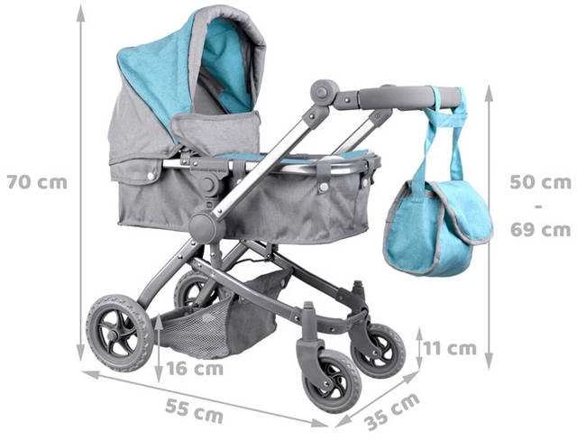 Daugiafunkcinis vežimėlis 4in1 lėlėms, pilkas/melsvas