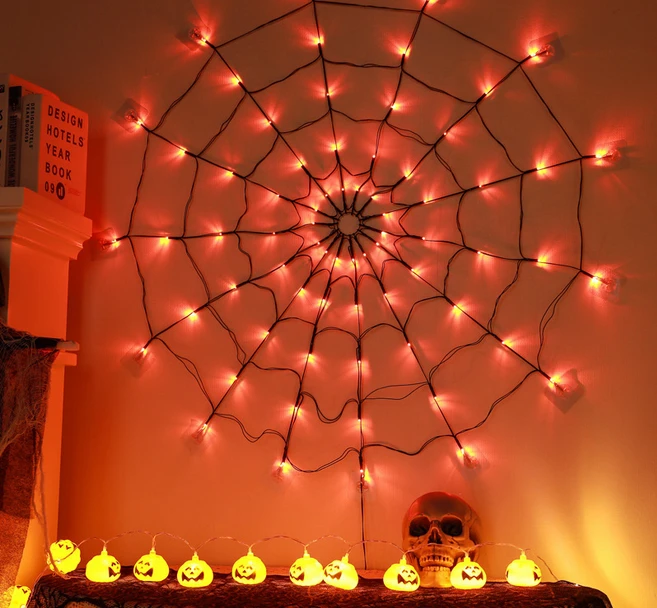 Dekoratyvinė lempučių girlianda Voratinklis 70 LED, oranžinė