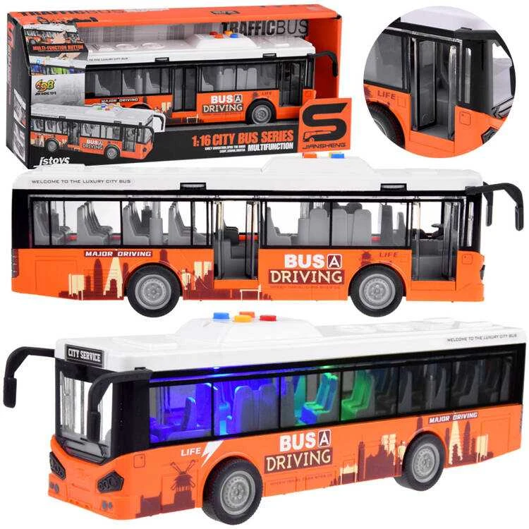 Didelis autobusas su garsais ir šviesomis, oranžinis