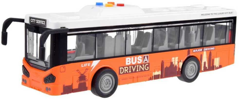 Didelis autobusas su garsais ir šviesomis, oranžinis
