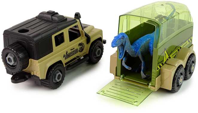 Dinozaurų transportavimo automobilis su dinozauru ir atsuktuvu