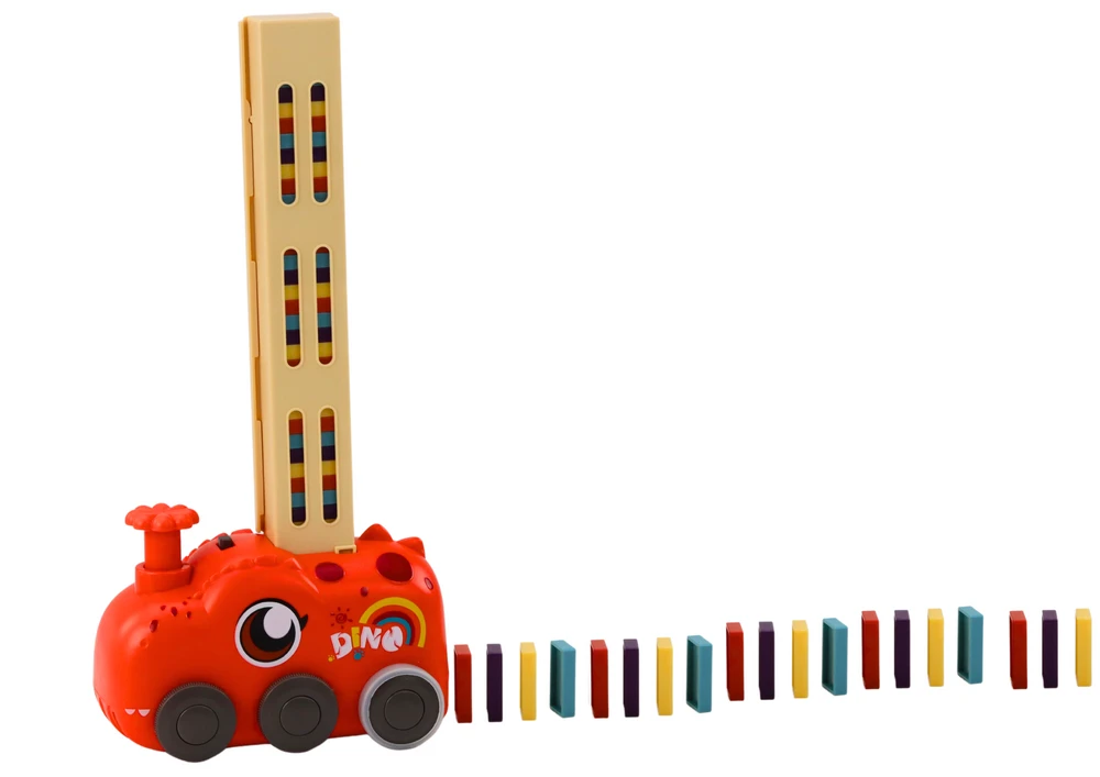 Domino kaladėlių žaidimas su dinozauro automobiliu, raudonas