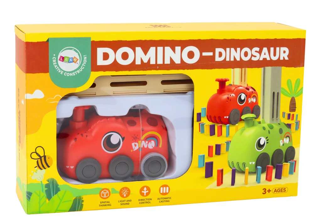 Domino kaladėlių žaidimas su dinozauro automobiliu, raudonas
