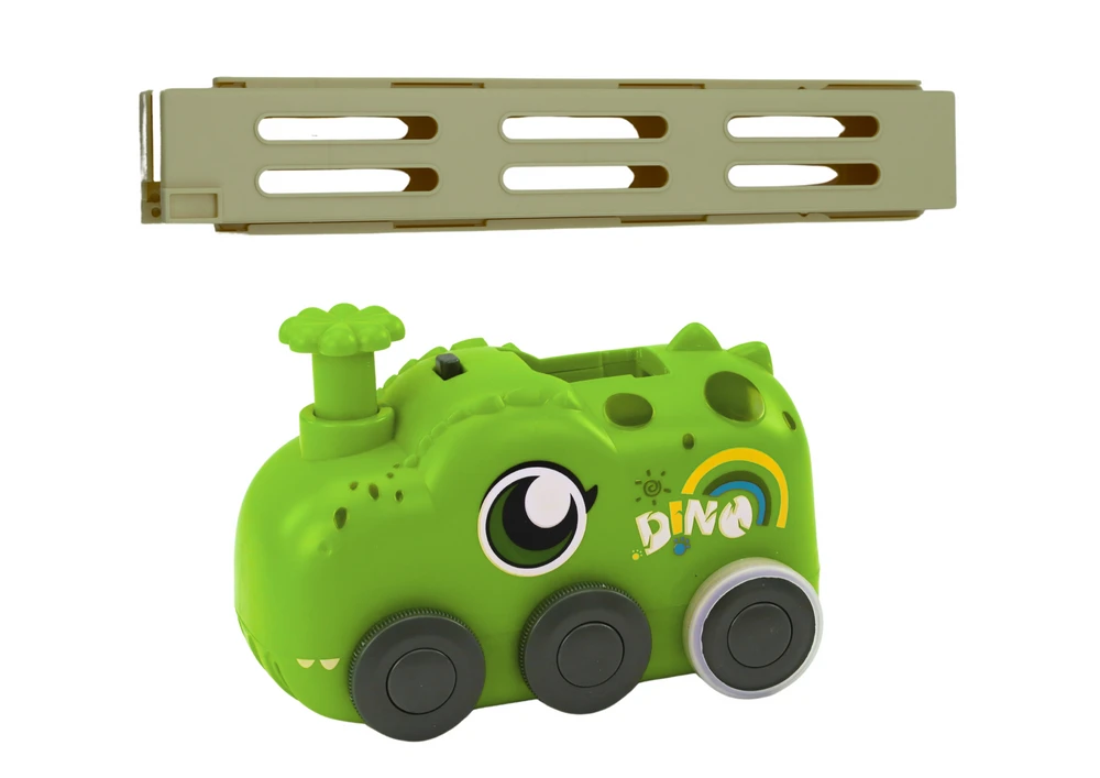 Domino kaladėlių žaidimas su dinozauro automobiliu, žalias