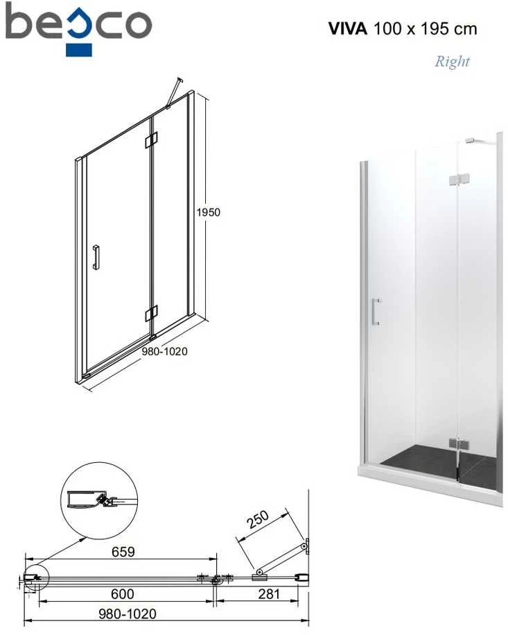Dušo durys Besco Viva Chrome, 100 x 195 cm, dešinė
