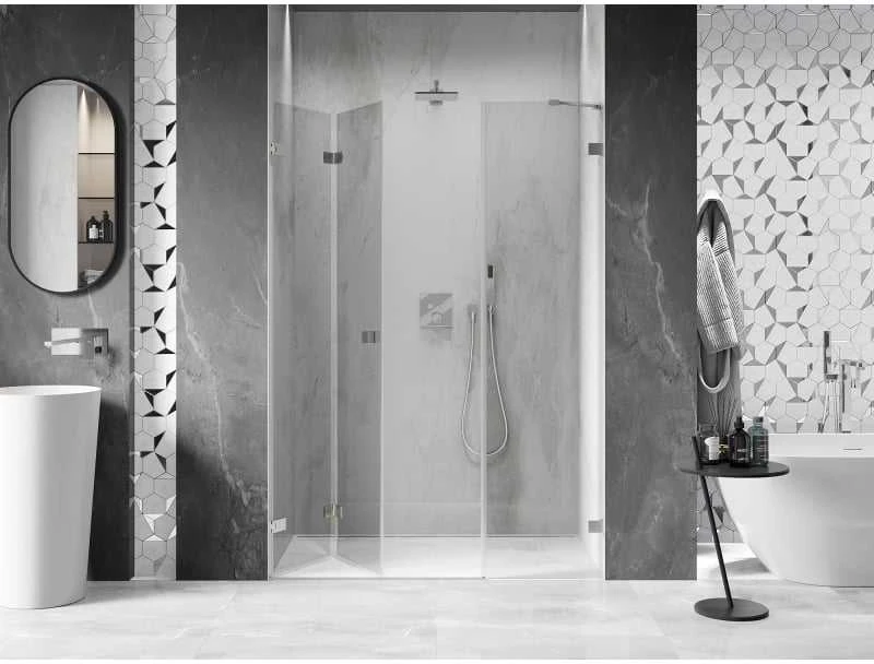 Dušo durys Mexen Lunar-F, sulankstomos, kairė, 135 cm, transparent/brushed nickel