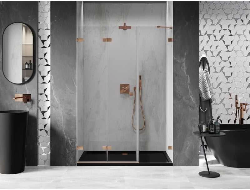 Dušo durys Mexen Lunar-F, sulankstomos, kairė, 110 cm, transparent/brushed copper
