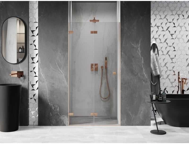 Dušo durys Mexen Lunar-F, sulankstomos, kairė, 60 cm, transparent/brushed copper