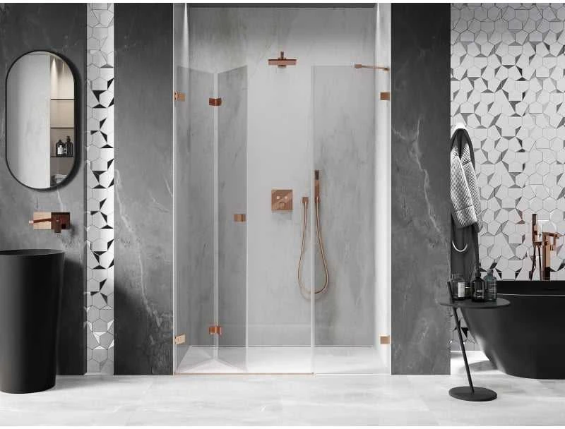 Dušo durys Mexen Lunar-F, sulankstomos, kairė, 125 cm, transparent/brushed copper