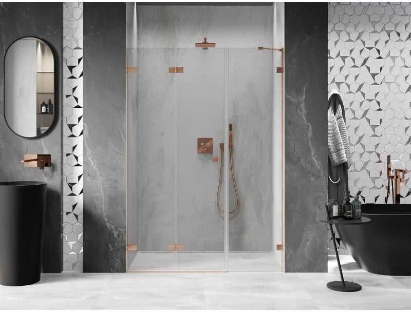 Dušo durys Mexen Lunar-F, sulankstomos, kairė, 125 cm, transparent/brushed copper