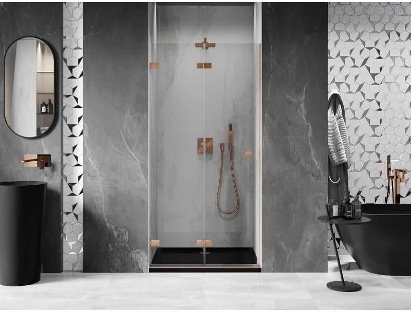 Dušo durys Mexen Lunar-F, sulankstomos, kairė, 95 cm, transparent/brushed copper