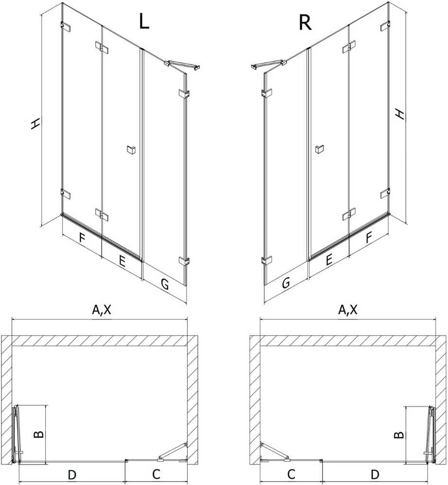 Dušo durys Mexen Lunar-F, sulankstomos, kairė, 150 cm, transparent/brushed gun pilka