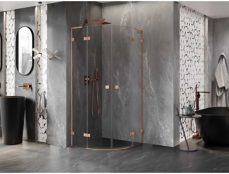 Dušo kabina Mexen Lunar L, pusapvalė, 80 x 80 cm, transparent/brushed copper