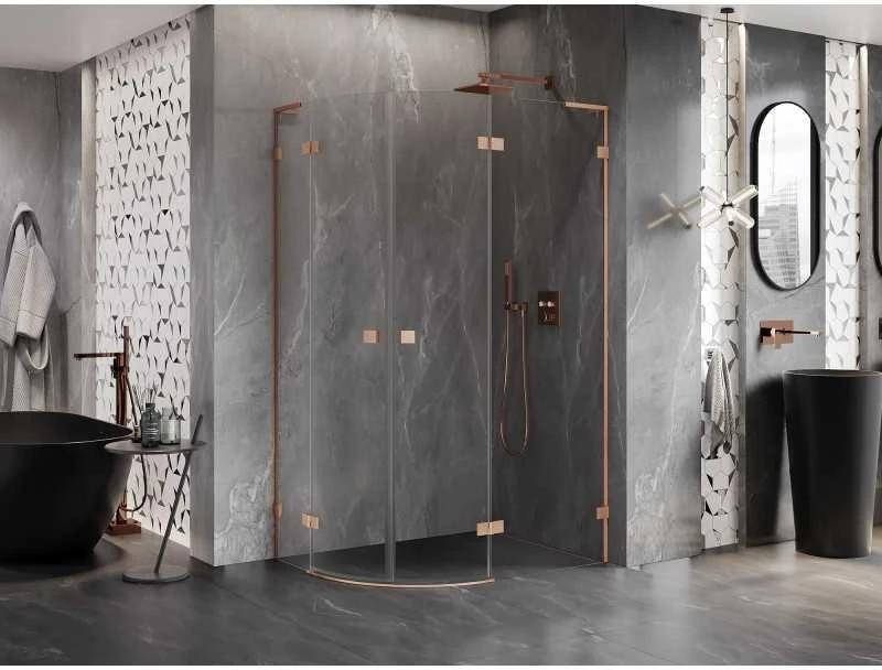 Dušo kabina Mexen Lunar L, pusapvalė, dešinė, 90 x 80 cm, transparent/brushed copper