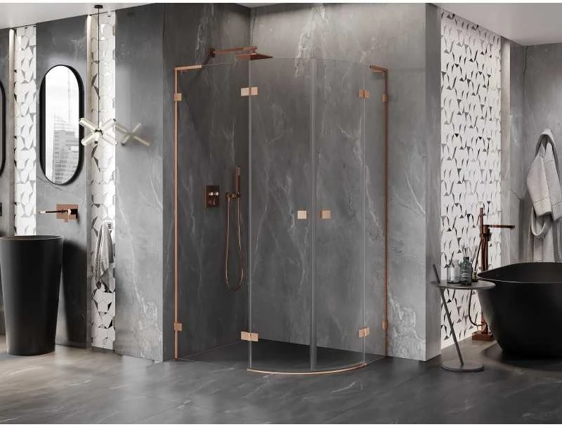 Dušo kabina Mexen Lunar L, pusapvalė, kairė, 90 x 80 cm, transparent/brushed copper