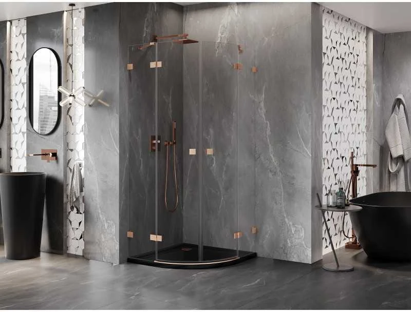 Dušo kabina Mexen Lunar, pusapvalė, 90 x 90 cm, transparent/brushed copper