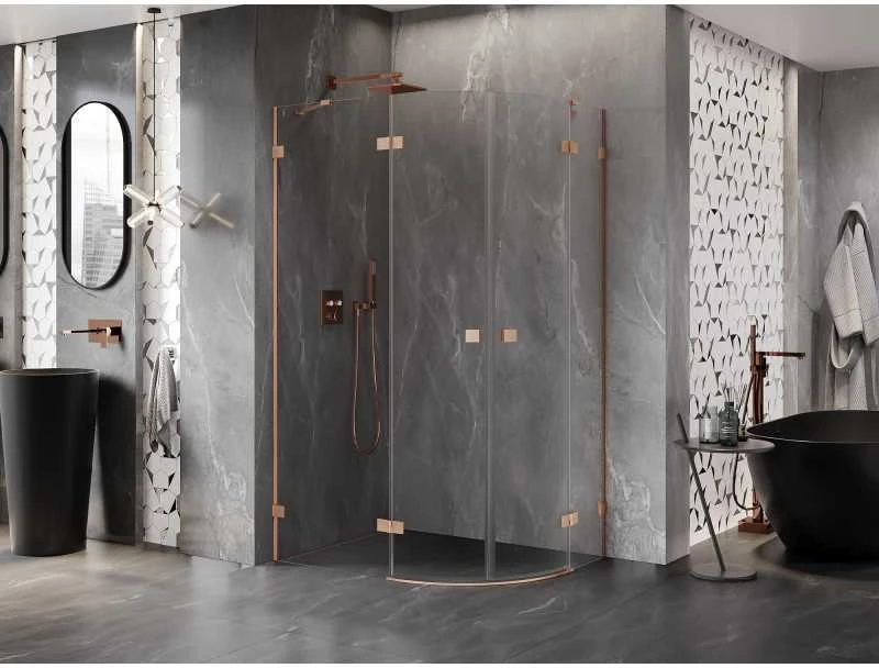 Dušo kabina Mexen Lunar, pusapvalė, kairė, 90 x 70 cm, transparent/brushed copper