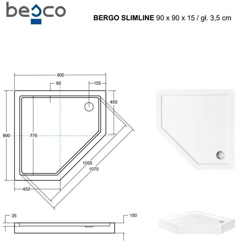 Dušo padėklas Besco Bergo SlimLine, 90 x 90 x 15 cm