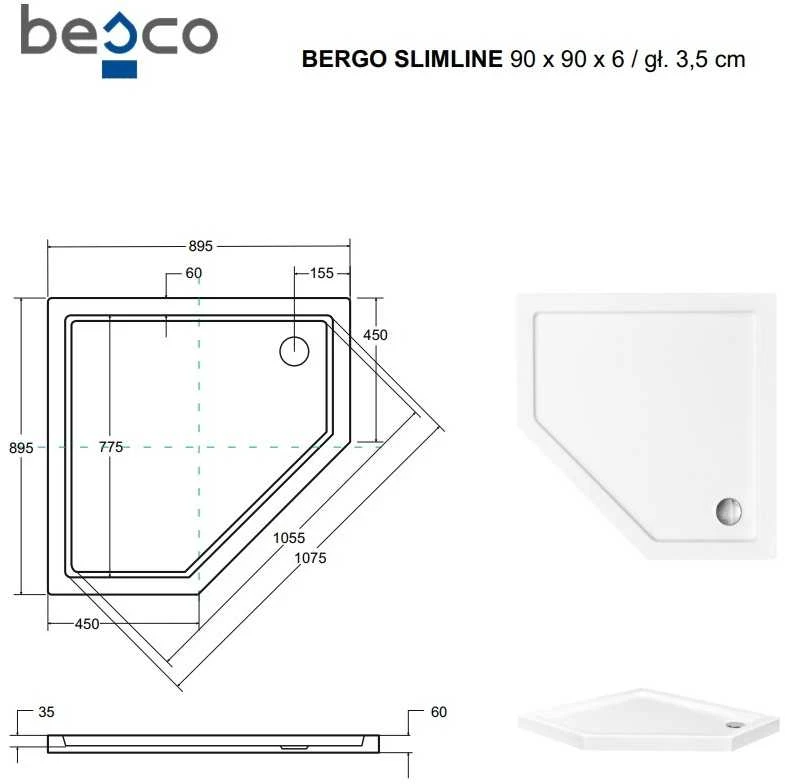 Dušo padėklas Besco Bergo SlimLine, 90 x 90 x 6 cm