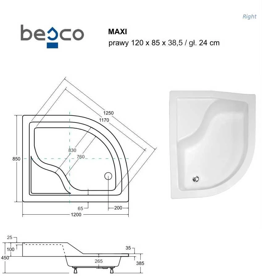 Dušo padėklas Besco Maxi su apdaila, 120 x 85 cm, dešininis