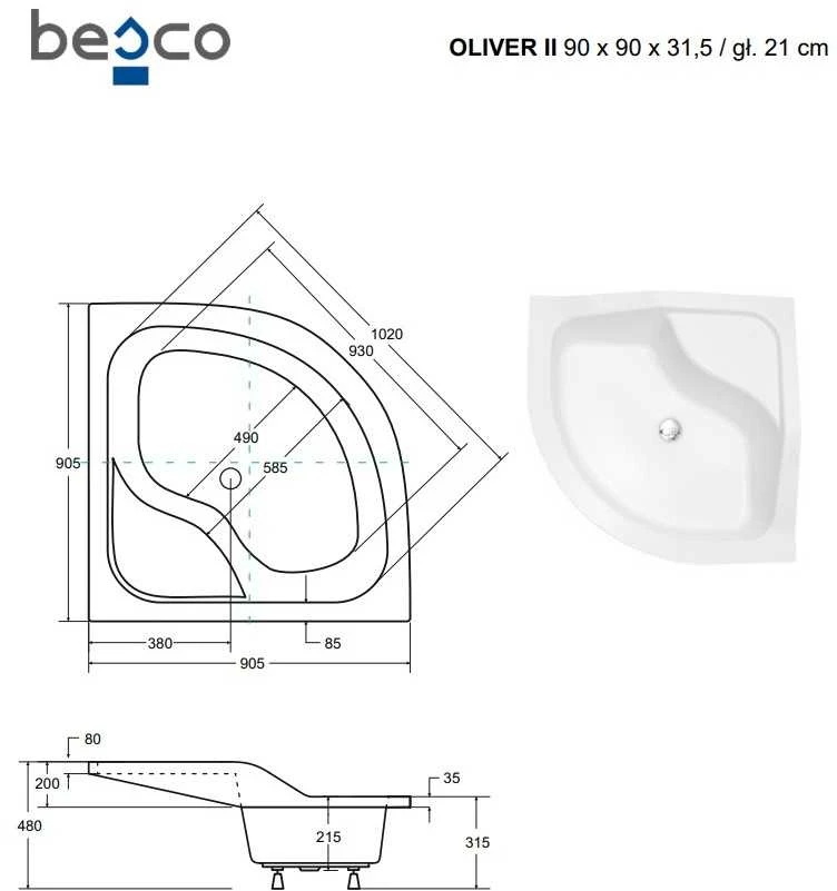 Dušo padėklas Besco Oliver II, 90 x 90 cm