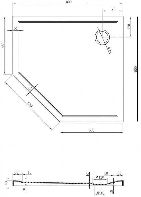 Dušo padėklas Mexen Flow Slim, penkiakampis, dešininis, 100 x 90 cm, Baltas gloss
