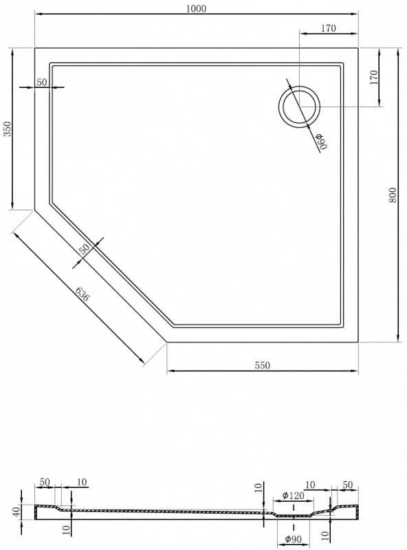 Dušo padėklas Mexen Flow Slim, penkiakampis, dešininis, 100 x 80 cm, Baltas gloss