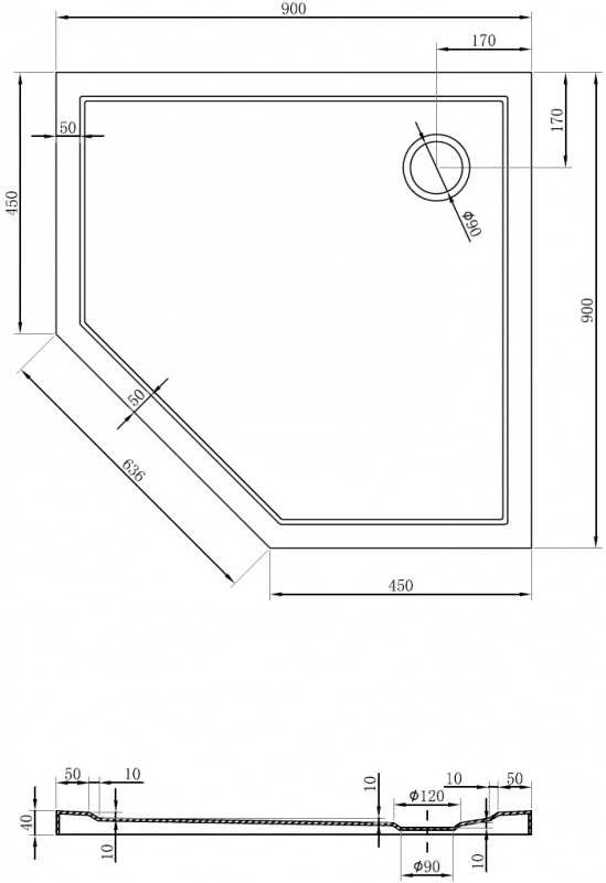 Dušo padėklas Mexen Flow Slim, penkiakampis, 90 x 90 cm, Baltas gloss