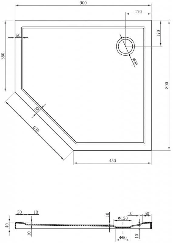 Dušo padėklas Mexen Flow Slim, penkiakampis, dešininis, 90 x 80 cm, Juodas matt