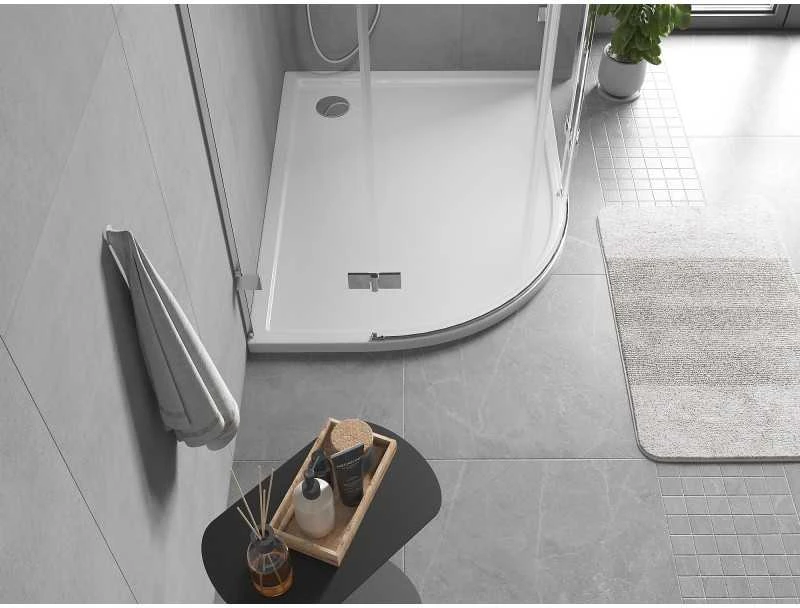 Dušo padėklas Mexen Flow Slim, pusapvalis asimetrinis, dešininis, 100 x 80 cm, Baltas gloss