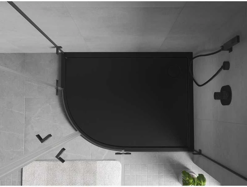 Dušo padėklas Mexen Flow Slim, pusapvalis asimetrinis, dešininis, 90 x 80 cm, Juodas matt