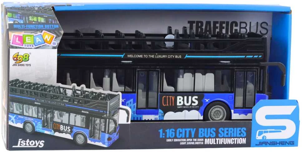 Dviaukštis autobusas City Bus su šviesos ir garso efektais, 1:16, mėlynas