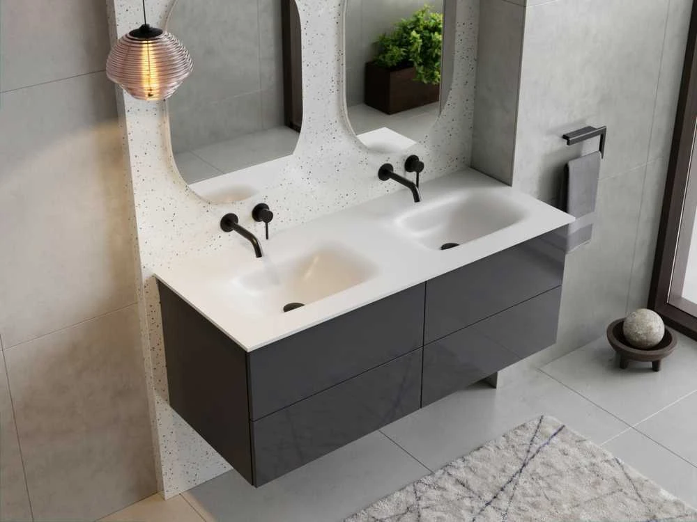 Dviguba spintelė Besco Akya Classic 131 cm su praustuvu ir klik-klak, Gun Metal glossy/Baltas glossy+Juodas matt