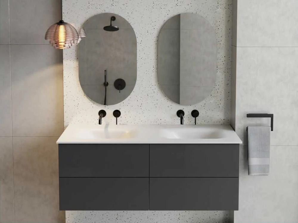Dviguba spintelė Besco Akya Classic 131 cm su praustuvu ir klik-klak, Gun Metal glossy/Baltas glossy+Baltas