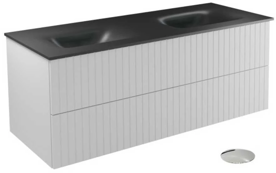 Dviguba spintelė Besco Akya Linea 131 cm su praustuvu ir klik-klak, Baltas matt/Gun metal+Chrome