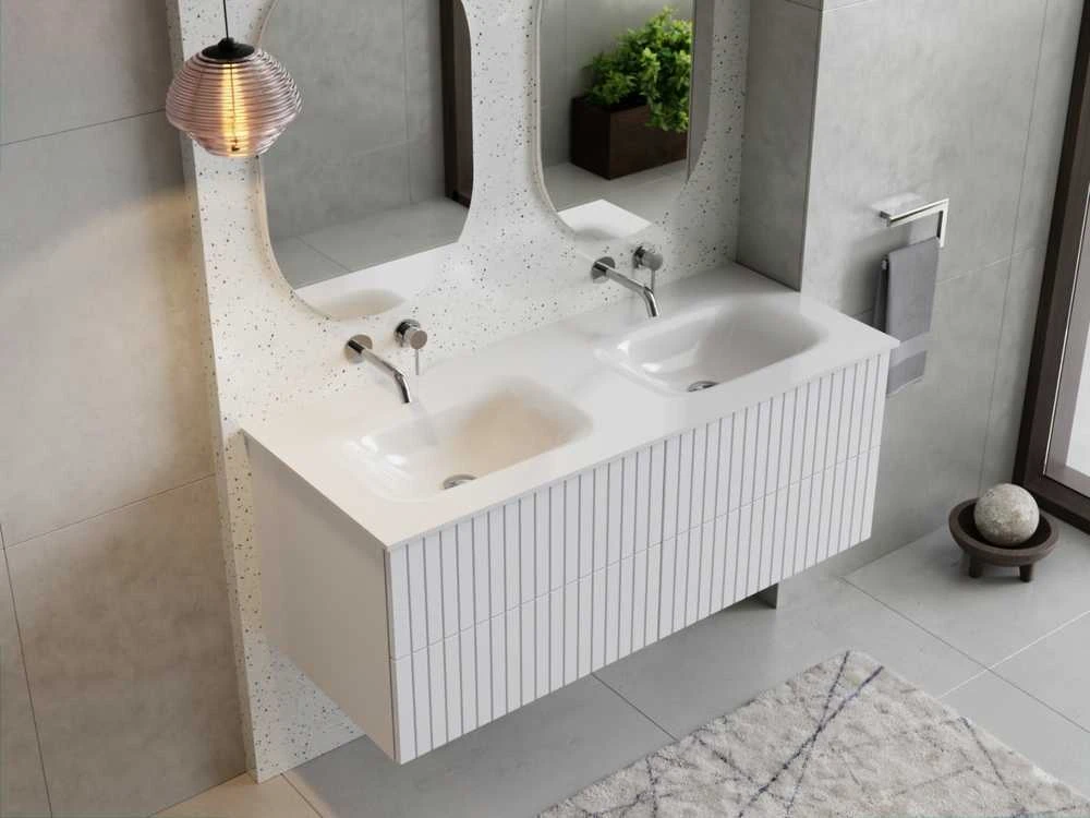 Dviguba spintelė Besco Akya Linea 131 cm su praustuvu ir klik-klak, Baltas matt/Baltas glossy+Chrome