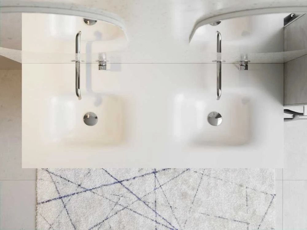 Dviguba spintelė Besco Akya Linea 131 cm su praustuvu ir klik-klak, Baltas matt/Baltas glossy+Chrome