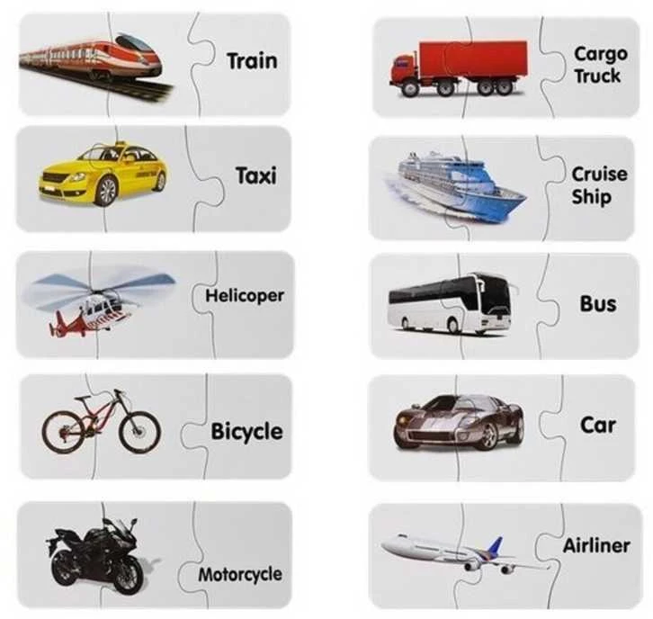 Edukacinė dėlionė "Transporto priemonės", anglų k., 10 derinių