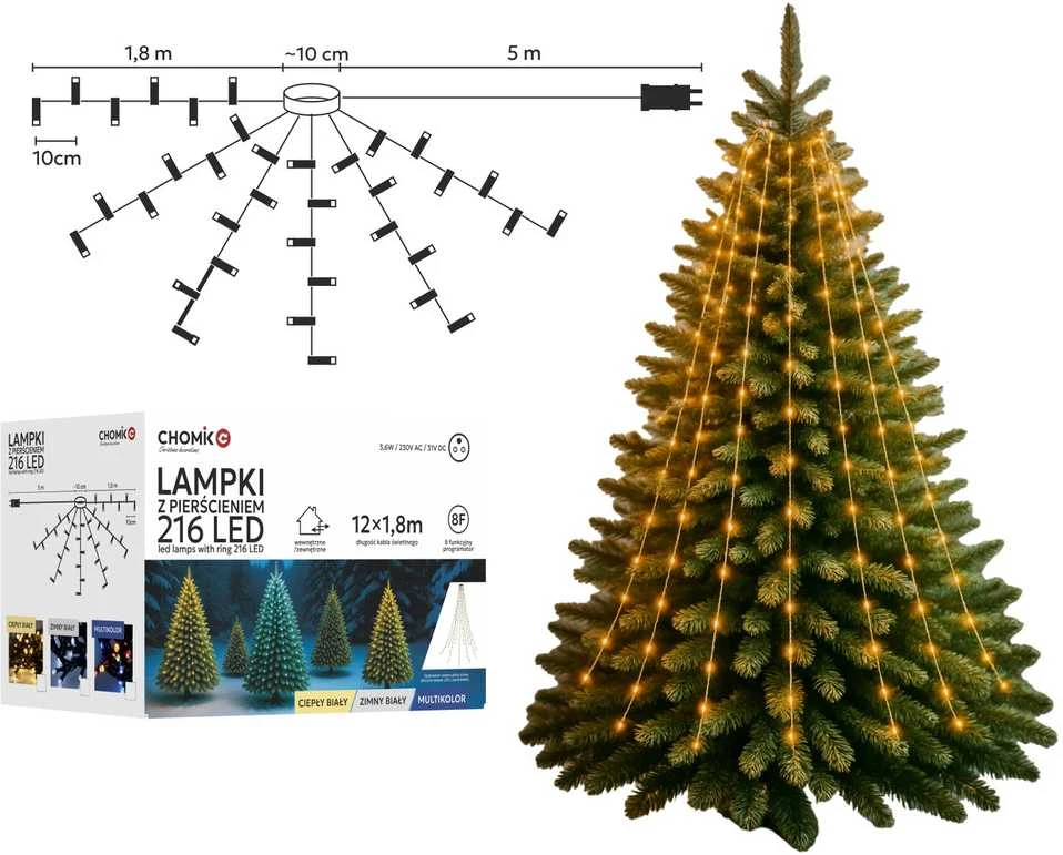 Eglutės lemputės su žiedu, 216 LED, šiltai balta, 1.8 m