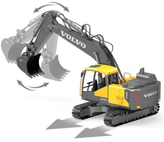 Ekskavatorius Volvo su nuotolinio valdymo pultu ir priedais