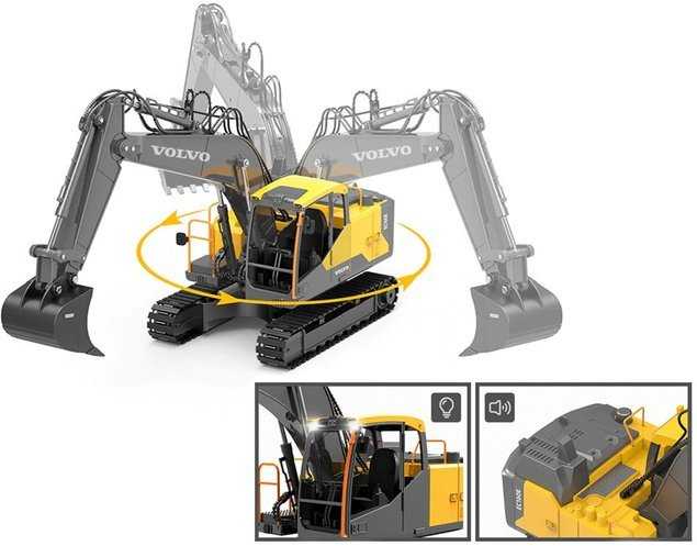 Ekskavatorius Volvo su nuotolinio valdymo pultu ir priedais