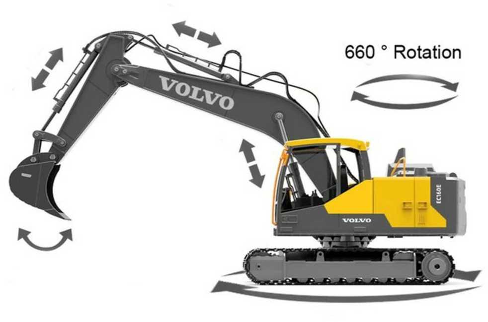 Ekskavatorius Volvo su nuotolinio valdymo pultu ir priedais