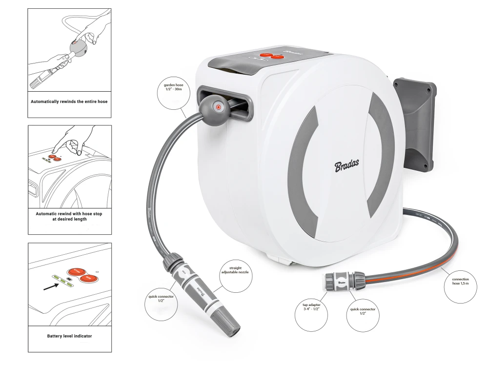 Elektroninė automatinė žarnos ritė Bradas Baltas LINE su laistymo žarna 1/2" 30m