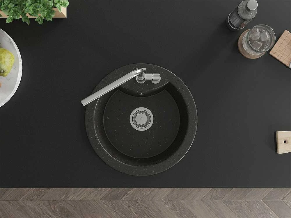 Granitinė virtuvinė plautuvė Mexen Diego su maišytuvu ir sifonu, Metallic juodas/auksinis+Chrome