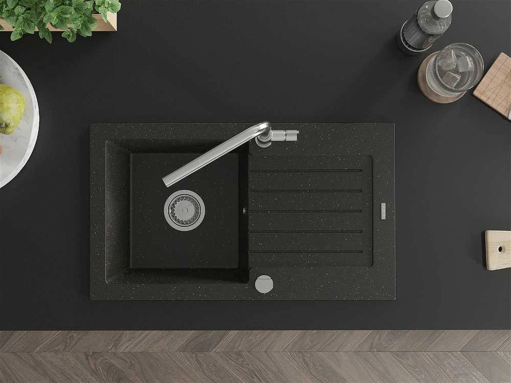 Granitinė virtuvinė plautuvė Mexen Pablo su maišytuvu ir sifonu, Metallic juodas/auksinis+Chrome