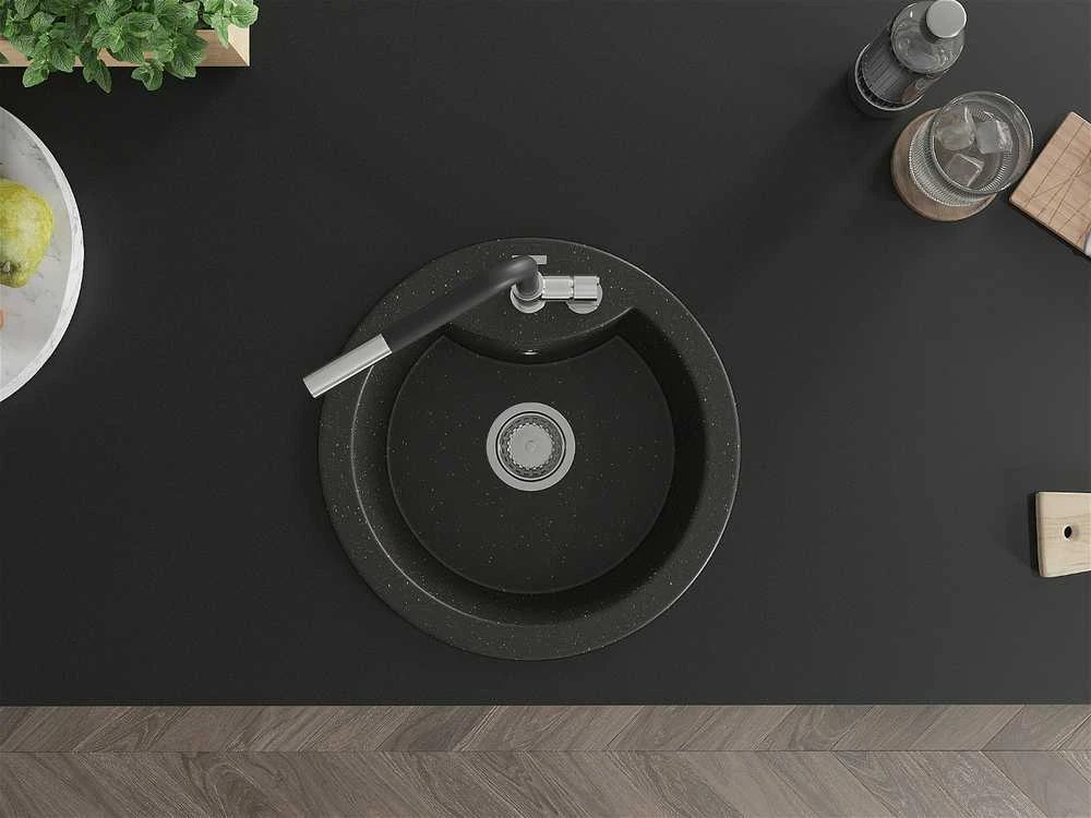 Granitinė virtuvinė plautuvė Mexen Diego su maišytuvu ir sifonu, Metallic juodas/auksinis+Juodas/Chrome