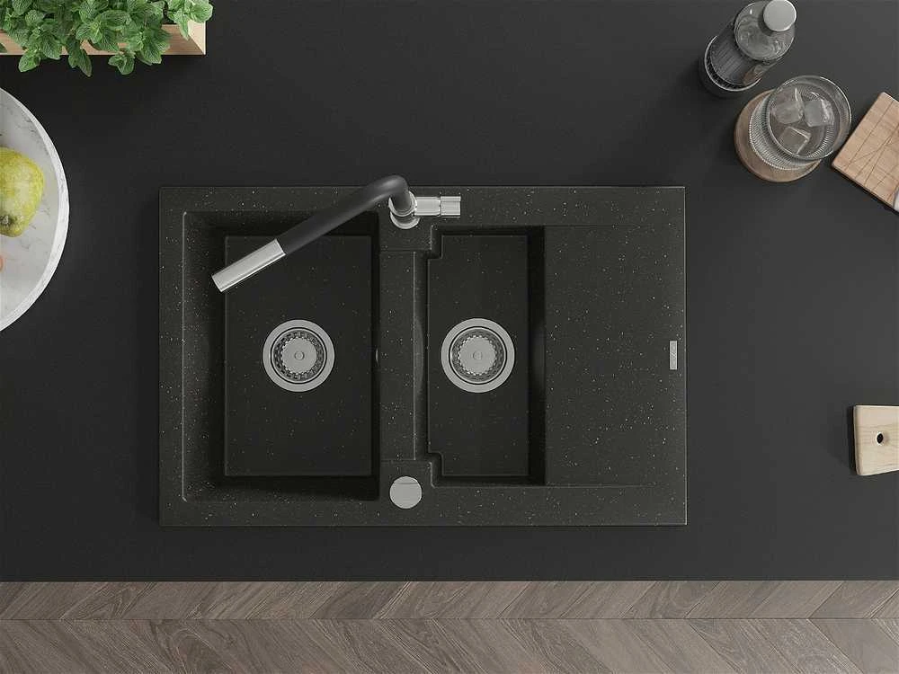 Granitinė virtuvinė plautuvė Mexen Gaspar su maišytuvu ir sifonu, Metallic juodas/auksinis+Juodas/Chrome