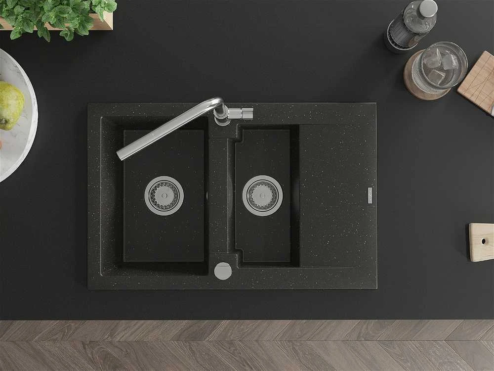 Granitinė virtuvinė plautuvė Mexen Gaspar su maišytuvu ir sifonu, Metallic juodas/auksinis+Chrome
